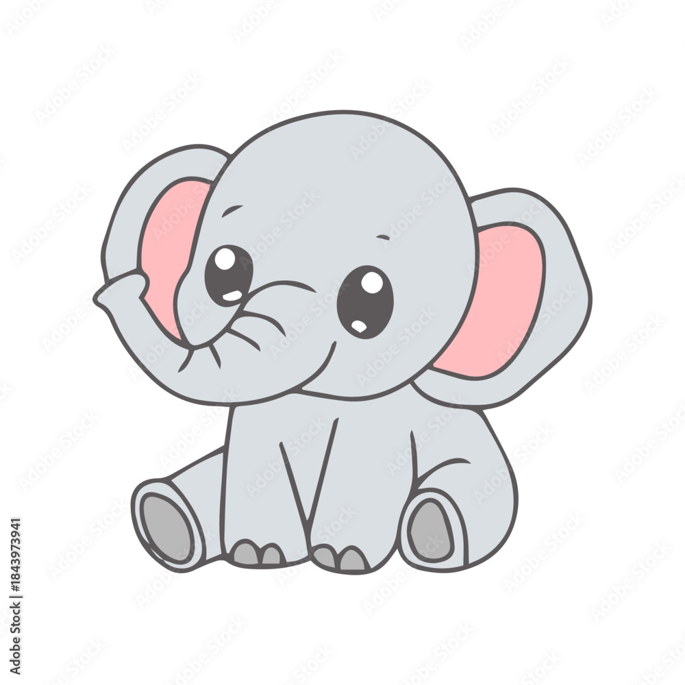 Fototapeta premium Adorable baby elephant sitting and smiling, cute cartoon illustration for children's designs