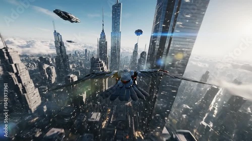 Futuristic Cityscape with Flying Drone Overlooking Skyscrapers and Clouds.