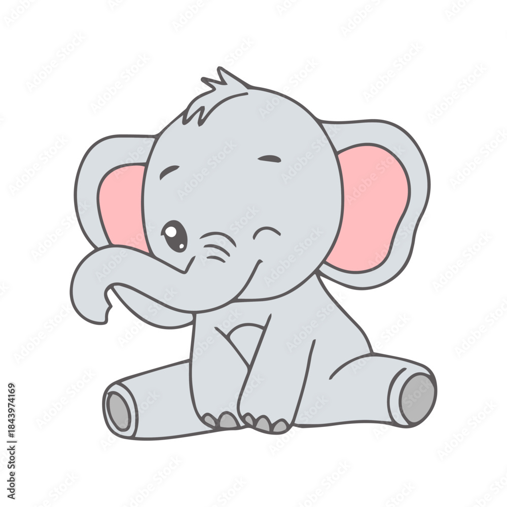 Obraz premium Cute cartoon baby elephant sitting with eyes closed, a whimsical illustration perfect for children's books and decor