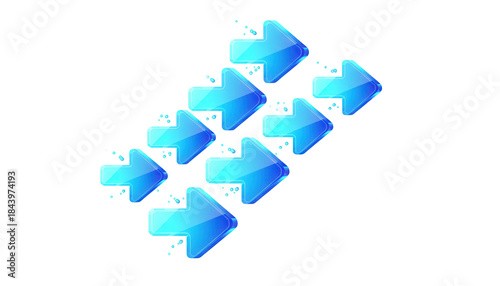 Futuristic data flow markers showing a downward diagonal movement with a vibrant cyan gradient, a 3D glassmorphism arrow icon set isolated on white