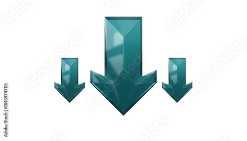 Downward pointing angular markers with a sharp, geometric design and a deep, reflective teal surface, a 3D glassmorphism arrow icon set isolated on white