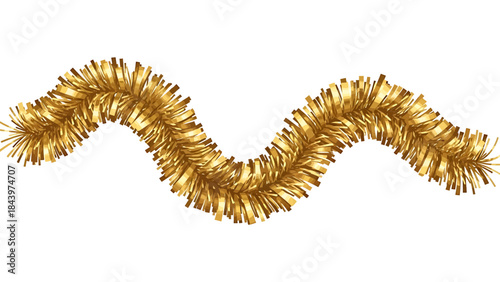 A wavy strand of shiny golden tinsel decoration on a white background, perfect for festive occasions.