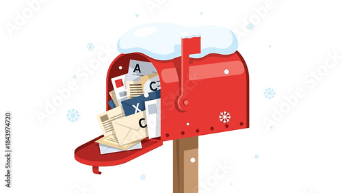 A red mailbox overflowing with letters and snow on top, indicating winter mail delivery.
