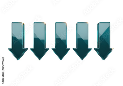 Downward pointing angular markers with a sharp, geometric design and a deep, reflective teal surface, a 3D glassmorphism arrow icon set isolated on white