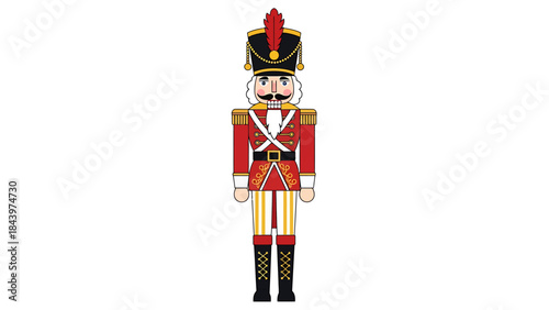 A traditional wooden nutcracker soldier in a red and gold uniform with a tall black hat and feather, standing upright.