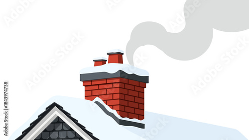 A detailed illustration of a red brick chimney on a snow-covered roof with smoke rising against a white sky, depicting a cozy winter scene.