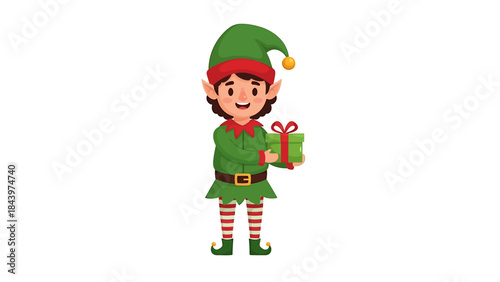 A cute cartoon Christmas elf character wearing green and red, holding a wrapped gift box.
