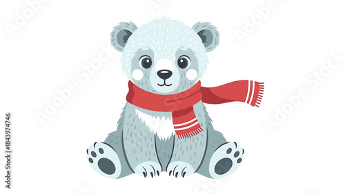 A cute cartoon baby polar bear with light blue-grey fur, wearing a red and white striped scarf, sitting and looking forward.