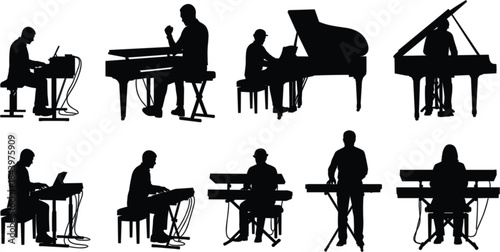Keyboard players silhouette illustration, piano and synthesizer musicians, musical performance icon set, black and white vector graphic