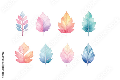 Delicate watercolor leaves in a soft pastel gradient palette, an artistic collection of decorative foliage elements perfect for spring and summer botanical designs
