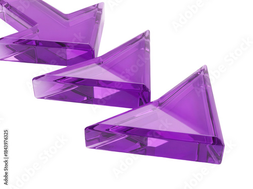 Downward right diagonal pointers with a sharp, angular form and a deep, reflective purple surface, a 3D glassmorphism arrow icon set isolated on white