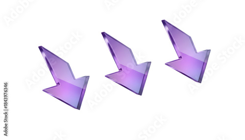 Downward right diagonal pointers with a sharp, angular form and a deep, reflective purple surface, a 3D glassmorphism arrow icon set isolated on white