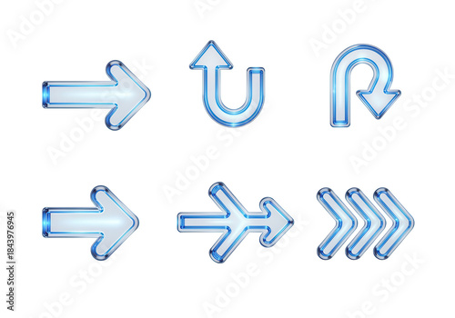Dotted line corporate process indicators with a minimalist, clean style and a subtle, glowing blue appearance, a 3D glassmorphism arrow icon set isolated on white
