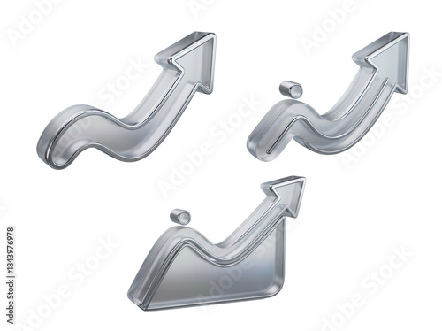 Digital growth indicators pointing upward with a sleek, metallic silver sheen and soft reflections, a 3D glassmorphism arrow icon set isolated on white