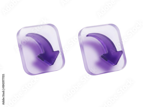 Decline and descent markers with a downward curve and a deep, translucent purple color, a 3D glassmorphism arrow icon set isolated on white