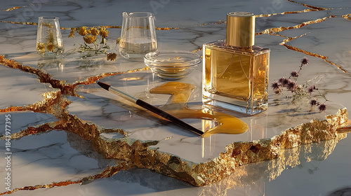 Golden perfume on cracked marble with gold veins, brush, dried flowers and artistic glass. Generated with AI
