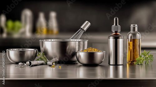 Steel table with metal utensils, herbs, capsules and essential oils in lab bottles. Generated with AI