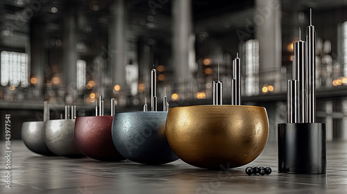 Set of multicolored metallic aroma diffusers aligned on gray floor in elegant modern interior. Generated with AI