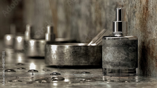 Industrial gray perfume bottle on wet metallic surface with droplets, rustic stone background. Generated with AI