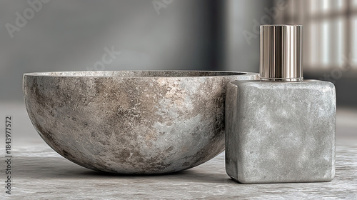 Stone-like perfume bottle next to rustic stone bowl on minimalist gray background. Generated with AI
