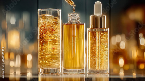 Three dropper bottles with golden oils, focus on bubbly texture and soft light reflections. Generated with AI