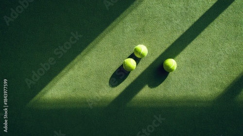 Three tennis balls bask in sunlight on a vibrant green court, with shadows creating a dramatic contrast