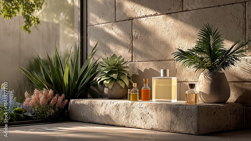 Perfume and essential oil bottles on stone base next to tropical plants and soft natural light. Generated with AI