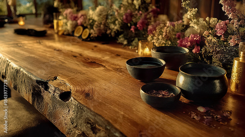 Rustic bowl and aromatic flowers on wooden table with lit candles and cozy night atmosphere. Generated with AI