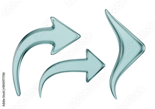 Curved, forward pointing UIUX indicators with a smooth, flowing design and a clean, translucent teal texture, a 3D glassmorphism arrow icon set isolated on white