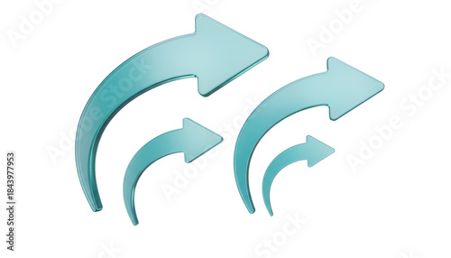 Curved, forward pointing UIUX indicators with a smooth, flowing design and a clean, translucent teal texture, a 3D glassmorphism arrow icon set isolated on white