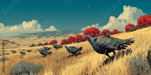 Flock of wild turkeys in golden autumn field with red trees illustration