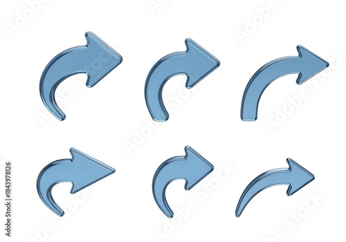 Curved, forward pointing UIUX indicators with a smooth, flowing design and a clean, translucent blue texture, a 3D glassmorphism arrow icon set isolated on white