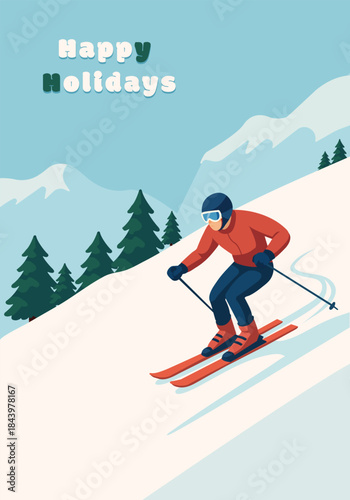 skiing in the mountains. happy holidays greeting card