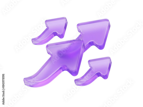 Curved, forward pointing corporate indicators with a smooth, flowing design and a clean, translucent purple texture, a 3D glassmorphism arrow icon set isolated on white