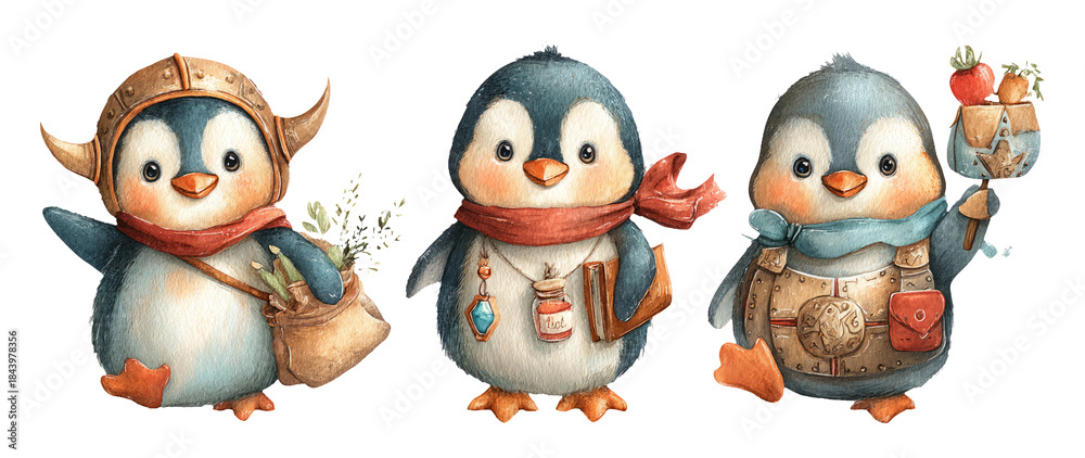 Fototapeta premium Mythical Penguin Heroes in Watercolor Plush Style for Kids’ Art and Decor