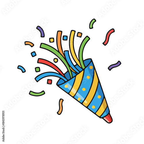 Vibrant cartoon party popper bursting with colorful confetti, symbolizing joy, celebration, and festive events