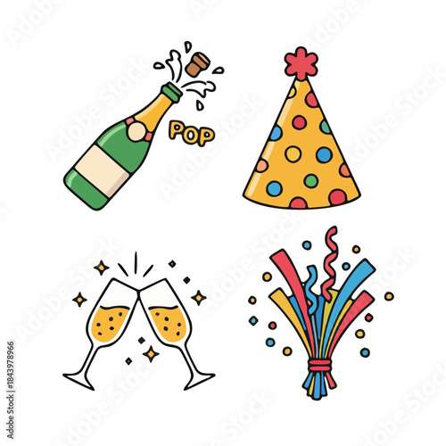 Celebration Icons Champagne, Party Hat, Confetti, and Toasting Glasses