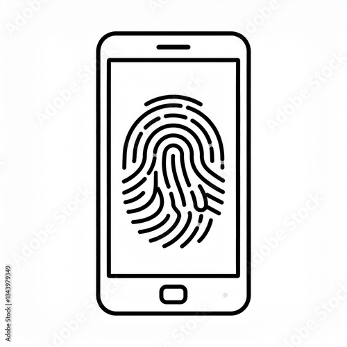 Minimal Smartphone with Fingerprint Icon in Simple Black Line Style