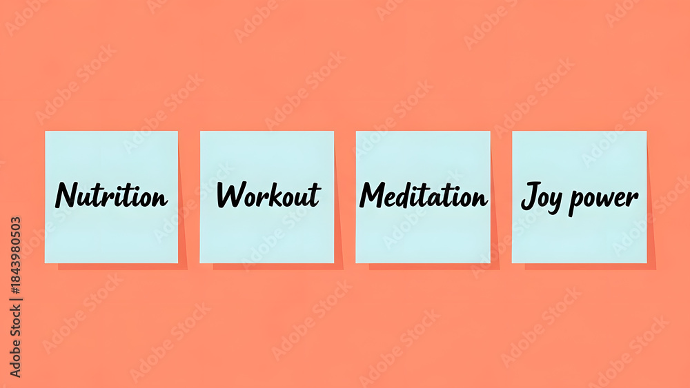 Obraz premium Health Wellness Fitness Goals Concept Image Sticky Notes Featuring Nutrition Workout Meditation Joy power on Bright Orange Background For Lifestyle Motivation