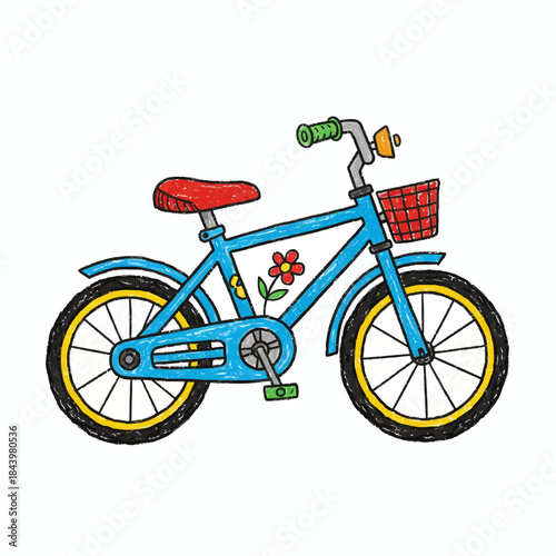 Crayonstyle drawing of a blue childs bicycle with red seat and basket