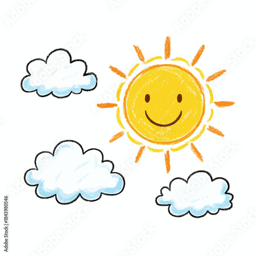 Crayonstyle drawing of a smiling sun with three white and bluelined clouds