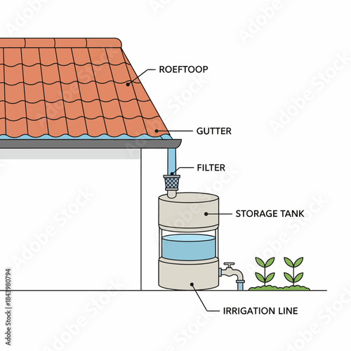 Diagram illustrating rooftop rainwater harvesting system connected to a storage tank for irrigation