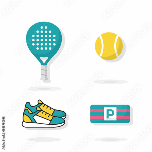Four flat icons related to paddle sports racket ball shoes and parking tag