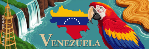 Colorful Venezuela landscape illustration with map flag, tropical parrot, waterfalls, river and oil industry tourism concept