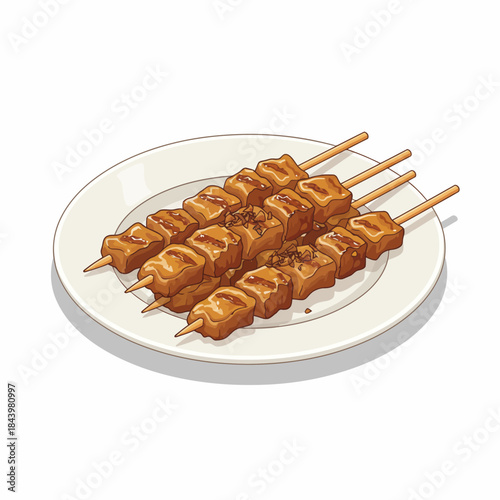 Four skewers 'sate' of glazed cubed meat served on a white plate 