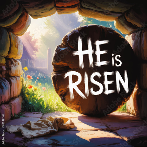 He Is Risen Easter Sunday Resurrection Tomb Illustration, Empty Grave with Stone Rolled Away, Sunrise Christian Worship Art