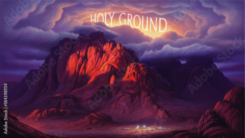 Holy Ground glowing text over dramatic red desert mountains at sunrise, epic spiritual landscape illustration with stormy sky
