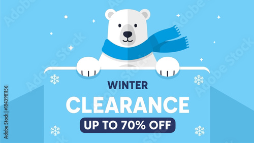 Charming polar bear mascot announcing a special winter clearance sale with up to 70% off discounts for seasonal shopping event