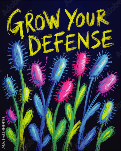 Vibrant immune system concept art, Grow Your Defense slogan with neon abstract plants on dark blue background, health illustration