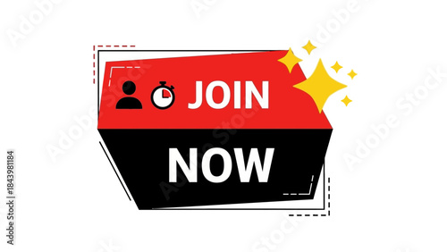 Engaging 'Join Now' button graphic with person and stopwatch icon, compelling immediate online registration, subscription, or membership for swift access